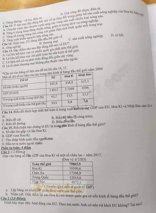 Đề thi học kì 1 lớp 11 môn Địa lý trường THPT Phạm Ngũ Lão năm học 2019-2020