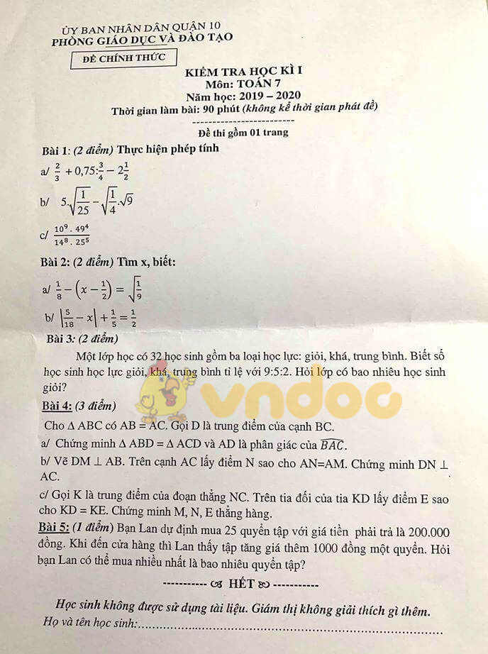 Đề kiểm tra học kì 1 môn Toán 7 năm 2019