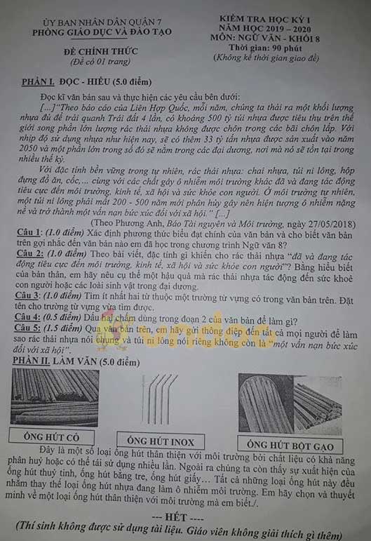 Đề thi học kì 1 lớp 8 môn Ngữ văn Phòng GD&ĐT Quận 7 năm học 2019 - 2020
