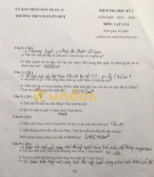 Đề thi học kì 1 lớp 8 môn Vật lý trường THCS Nguyễn Huệ, Quận 11 năm học 2019 - 2020
