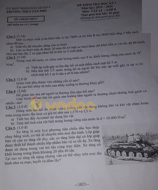 Đề thi học kì 1 lớp 8 môn Vật lý trường THCS Tân Phú, Quận 9 năm học 2019 - 2020