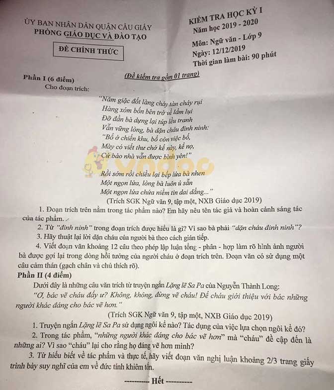 Đề thi học kì 1 lớp 9 môn Ngữ văn Phòng GD&ĐT quận Cầu Giấy năm học 2019 - 2020