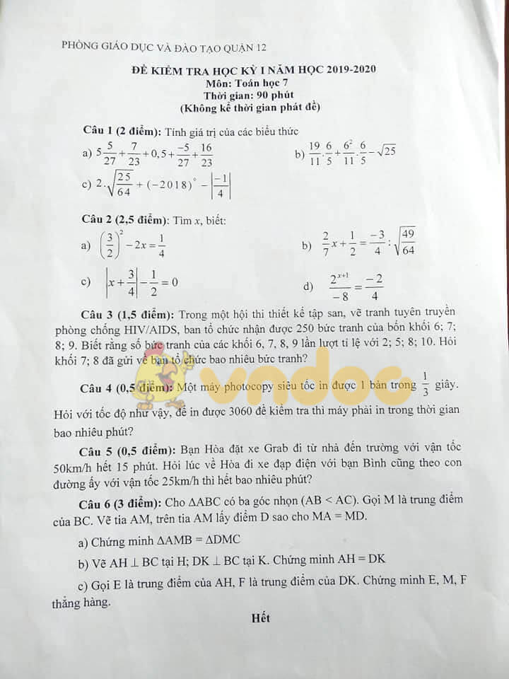 Đề kiểm tra học kì 1 môn Toán 7 năm 2019