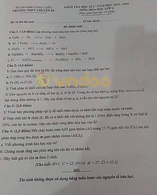 Đề thi học kì 1 lớp 8 môn Hóa học Trường THPT Chuyên Bạc Liêu năm 2019 - 2020