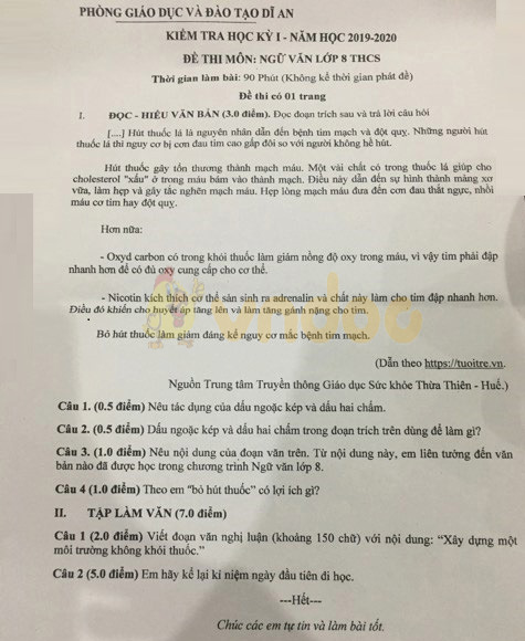 Đề thi học kì 1 lớp 8 môn Ngữ văn Phòng GD&ĐT Dĩ An năm học 2019 - 2020