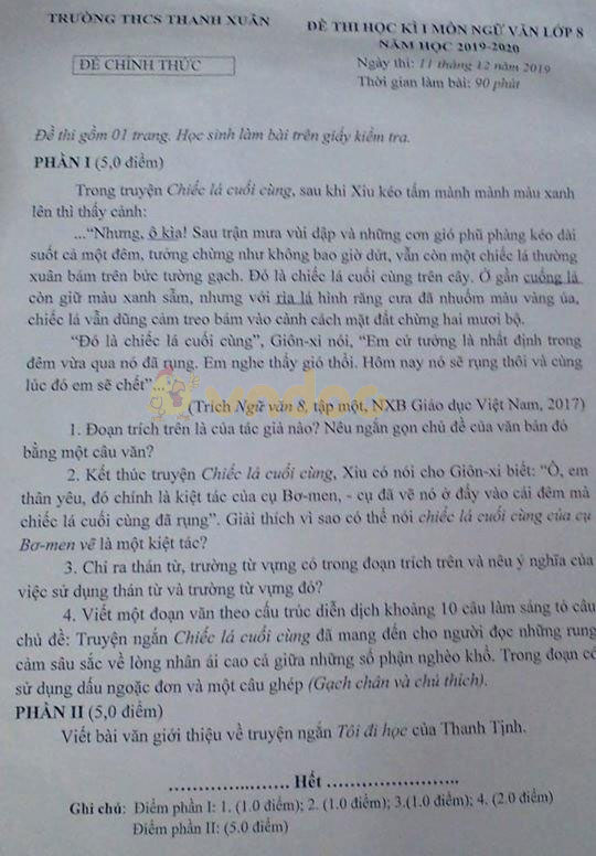 Đề thi học kì 1 lớp 8 môn Ngữ văn Trường THCS Thanh Xuân năm học 2019 - 2020