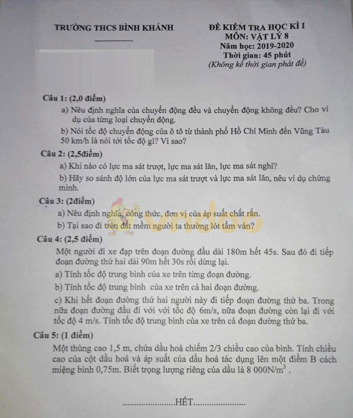 Đề thi học kì 1 lớp 8 môn Vật lý Trường THCS Bình Khánh năm học 2019 - 2020
