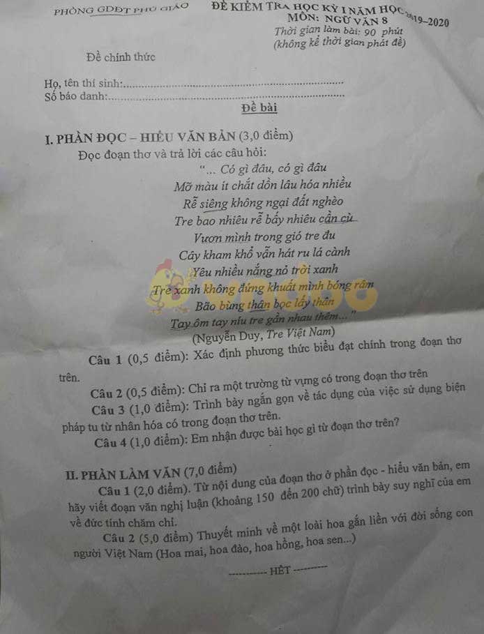Đề thi học kì 1 lớp 8 môn Ngữ văn Phòng GD&ĐT Phú Giáo, Bình Dương năm học 2019 - 2020