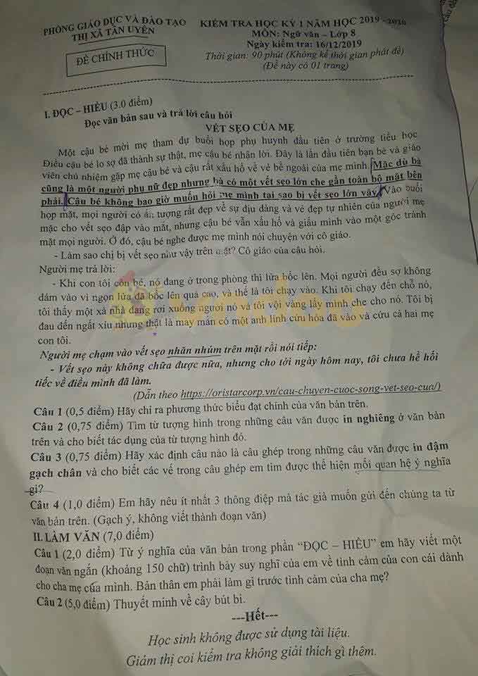 Đề thi học kì 1 lớp 8 môn Ngữ văn Phòng GD&ĐT thị xã Tân Uyên, Bình Dương năm học 2019 - 2020