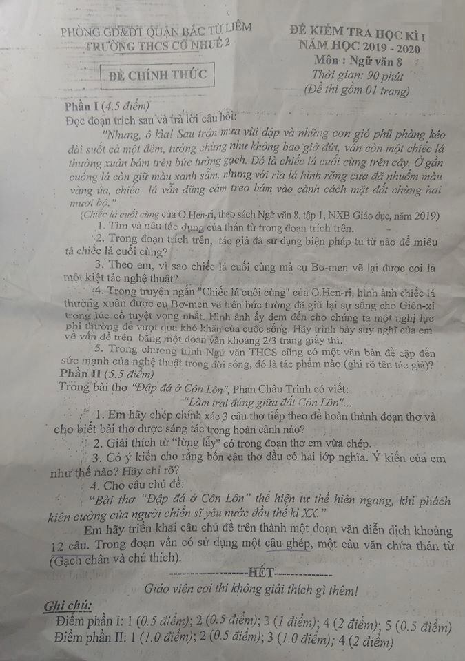 Đề thi học kì 1 lớp 8 môn Ngữ văn Trường THCS Cổ Nhuế 2, Bắc Từ Liêm năm học 2019 - 2020