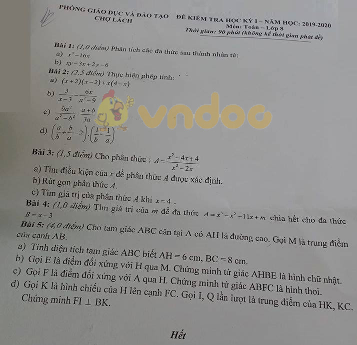 Đề thi học kì 1 lớp 8 môn Toán Phòng GD&ĐT Chợ Lách năm học 2019 - 2020