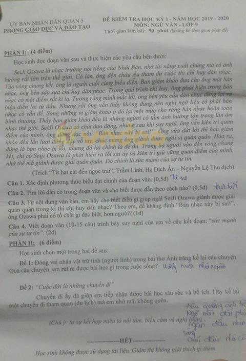 Đề thi học kì 1 lớp 9 môn Ngữ văn Phòng GD&ĐT Quận 5 năm học 2019 - 2020