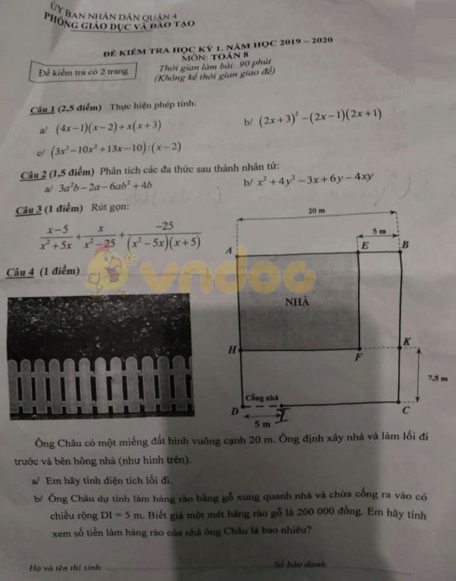 Đề thi học kì 1 lớp 8 môn Toán Phòng GD&ĐT Quận 4 năm học 2019 - 2020