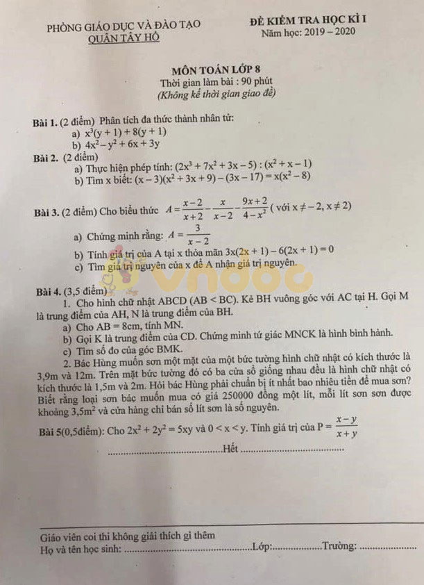 Đề thi học kì 1 lớp 8 môn Toán Phòng GD&ĐT Quận Tây Hồ năm học 2019 - 2020
