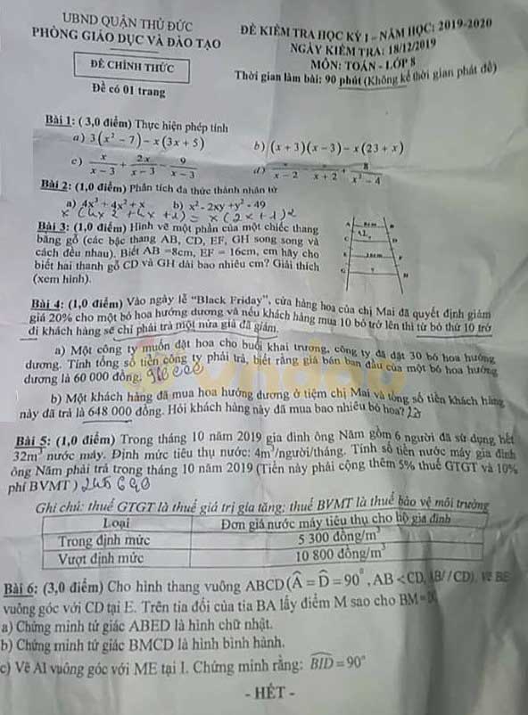 Đề thi học kì 1 lớp 8 môn Toán Phòng GD&ĐT quận Thủ Đức năm học 2019 - 2020