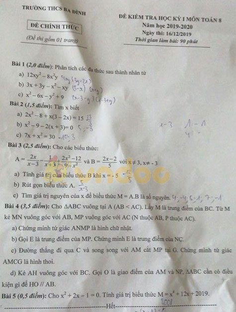 Đề thi học kì 1 lớp 8 môn Toán Trường THCS Ba Đình năm học 2019 - 2020
