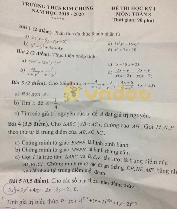 Đề thi học kì 1 lớp 8 môn Toán Trường THCS Kim Chung năm học 2019 - 2020