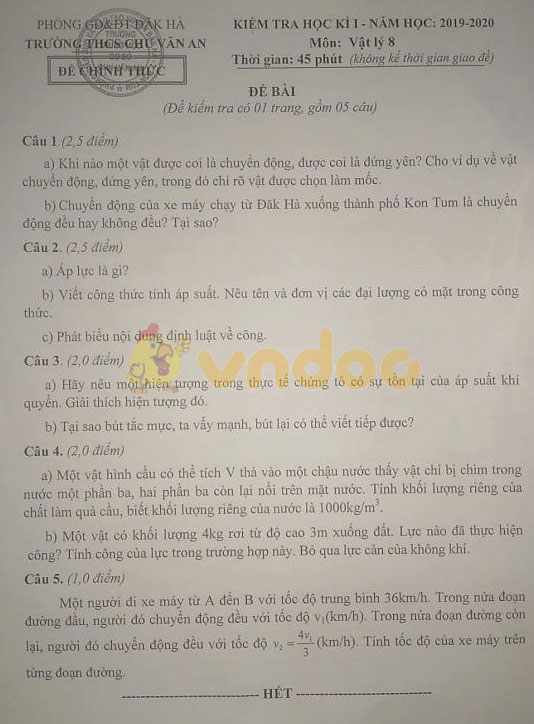 Đề thi học kì 1 lớp 8 môn Vật lý Trường THCS Chu Văn An, Đăk Hà năm học 2019 - 2020