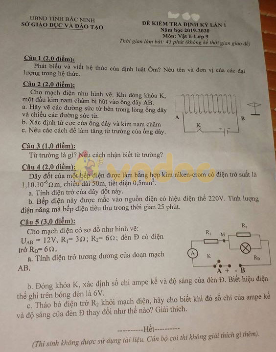 Đề thi học kì 1 lớp 9 môn Vật lý Sở GD&ĐT Bắc Ninh năm học 2019 - 2020