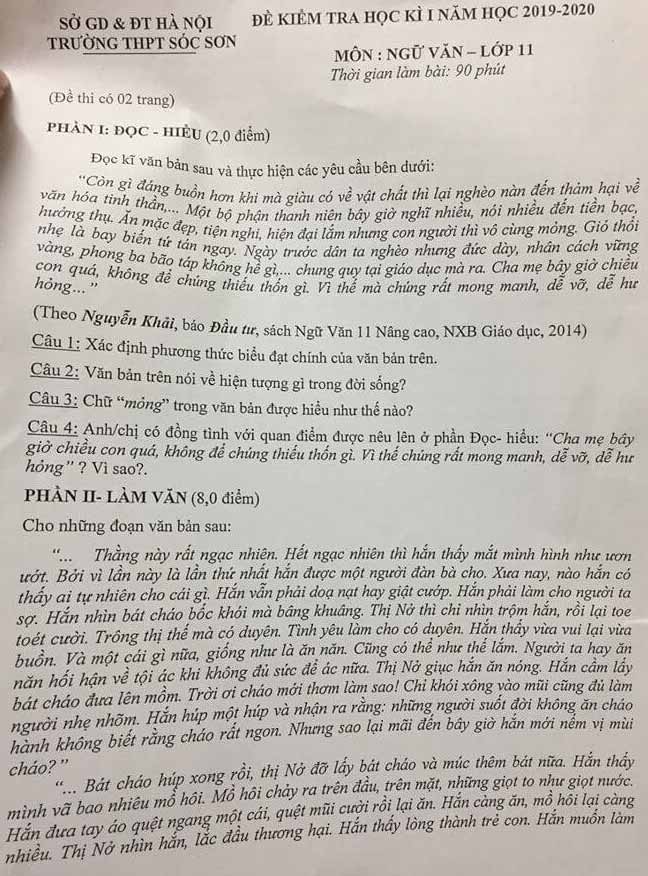 Đề thi học kì 1 lớp 11 môn Ngữ văn trường THPT Sóc Sơn