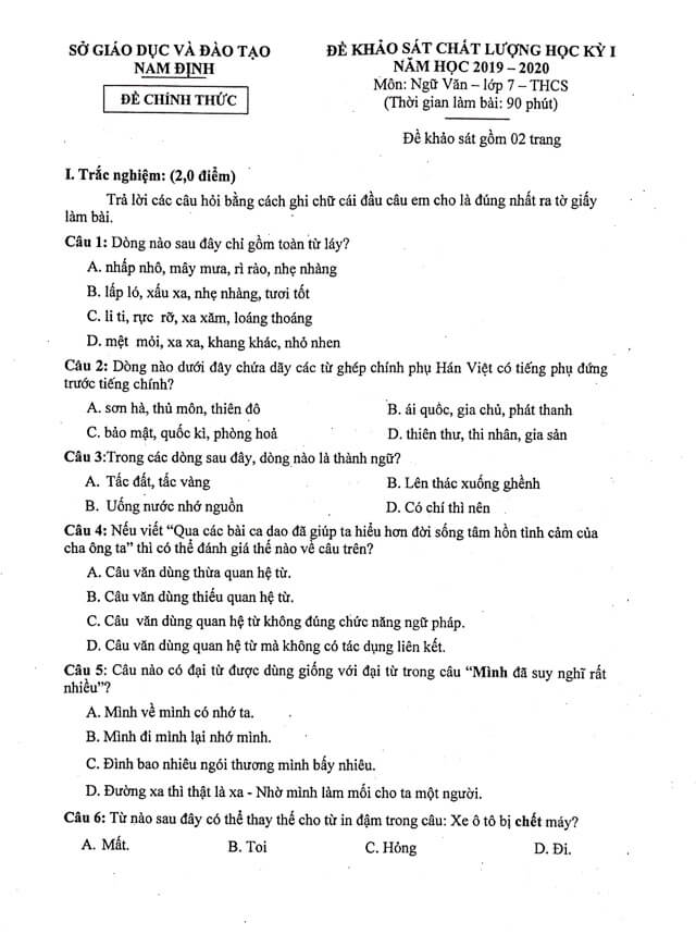Đề kiểm tra học kì 1 môn Văn lớp 7 năm 2019