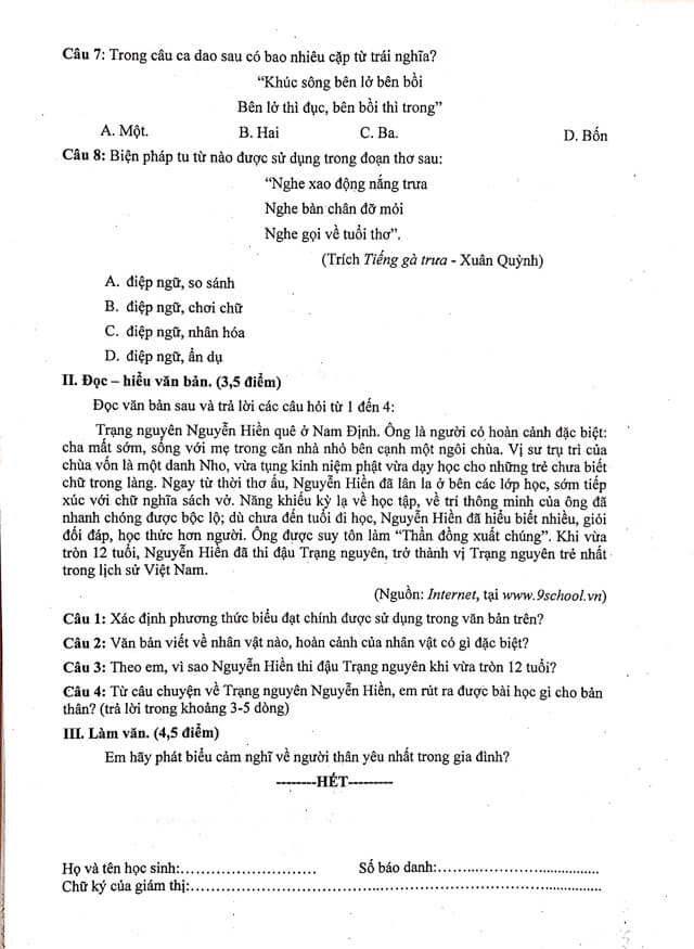 Đề kiểm tra học kì 1 môn Văn lớp 7 năm 2019