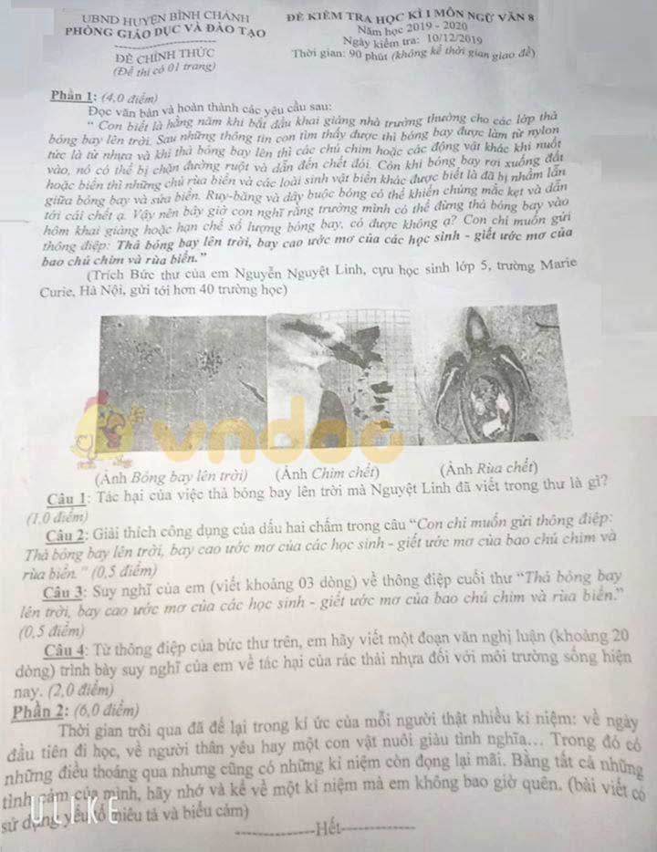 Đề thi học kì 1 lớp 8 môn Ngữ văn Phòng GD&ĐT huyện Bình Chánh năm học 2019 - 2020