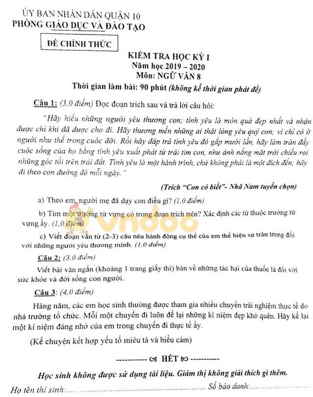 Đề thi học kì 1 lớp 8 môn Ngữ văn Phòng GD&ĐT Quận 10 năm học 2019 - 2020