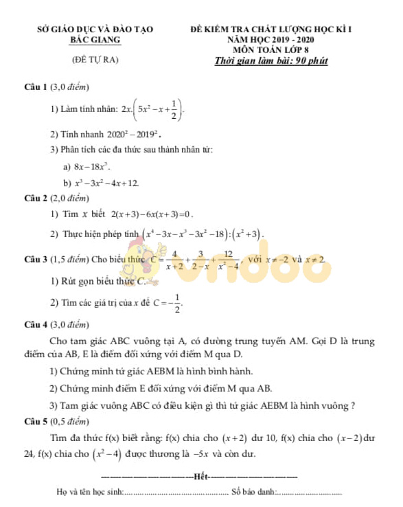 Đề thi học kì 1 lớp 8 môn Toán Sở GD&ĐT Bắc Giang năm học 2019 - 2020