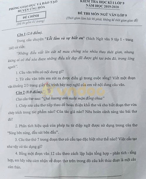 Đề thi học kì 1 lớp 9 môn Ngữ văn Phòng GD&ĐT huyện Ứng Hòa, Hà Nội năm học 2019 - 2020