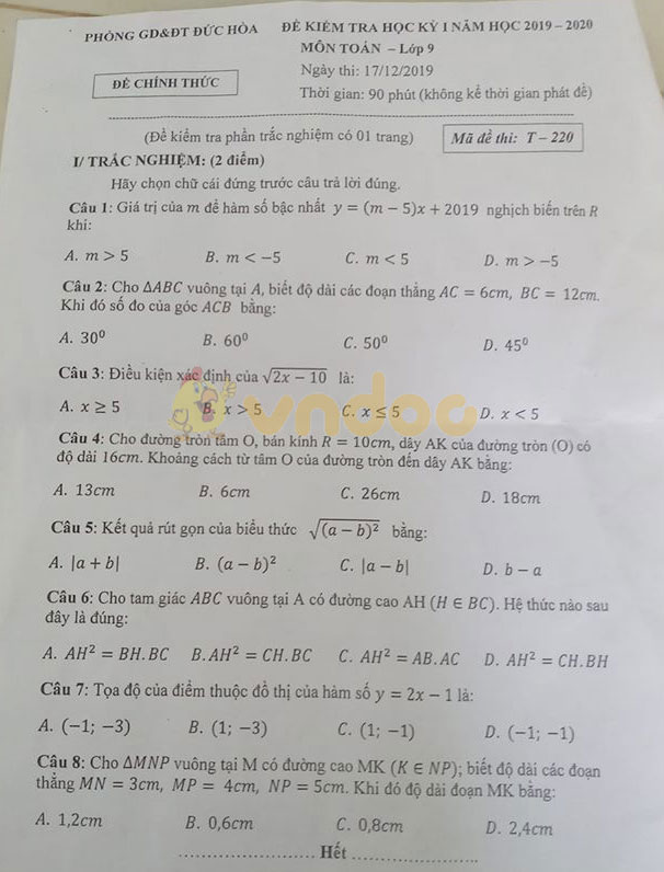 Đề thi học kì 1 lớp 9 môn Toán Phòng GD&ĐT Đức Hòa năm học 2019 - 2020