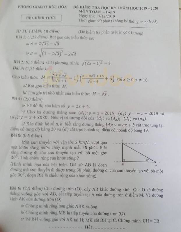 Đề thi học kì 1 lớp 9 môn Toán Phòng GD&ĐT Đức Hòa năm học 2019 - 2020