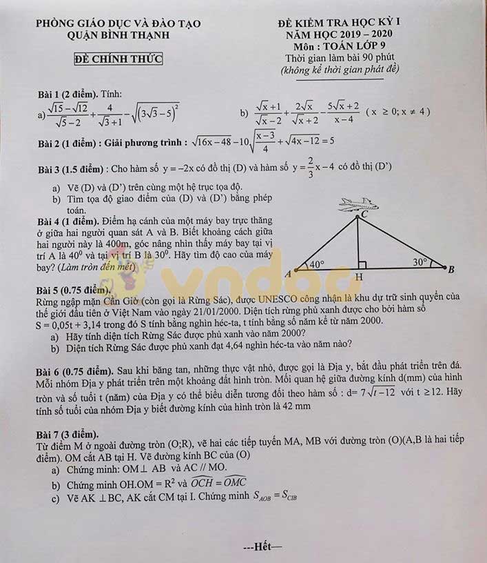 Đề thi học kì 1 lớp 9 môn Toán Phòng GD&ĐT quận Bình Thạnh năm học 2019 - 2020