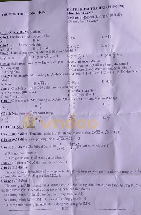 Đề thi học kì 1 lớp 9 môn Toán Trường THCS Long Hòa, Long An năm học 2019 - 2020