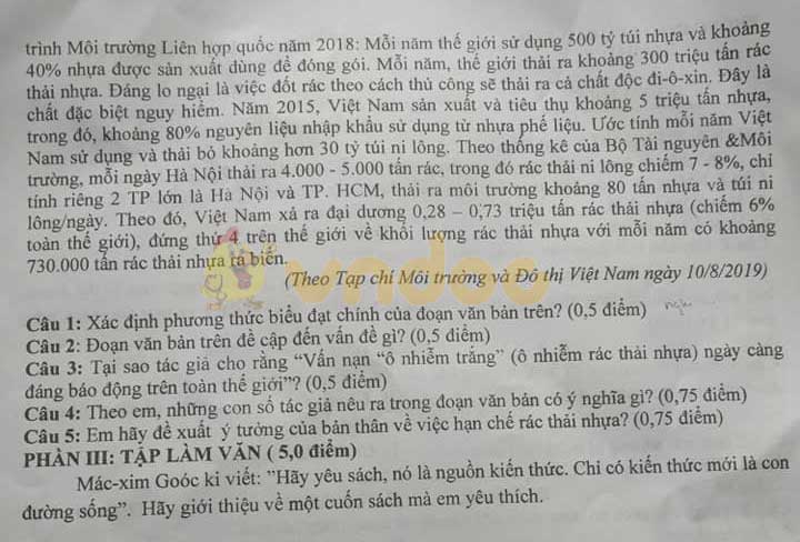 Đề thi học kì 1 lớp 8 môn Ngữ văn Phòng GD&ĐT Hải Hậu năm học 2019 - 2020