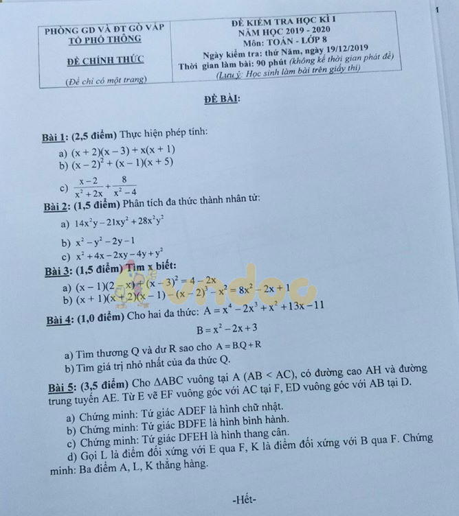 Đề thi học kì 1 lớp 8 môn Toán Phòng GD&ĐT Gò Vấp năm học 2019 - 2020