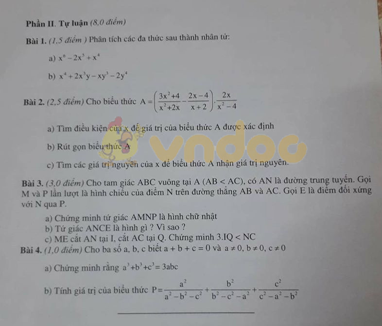 Đề thi học kì 1 lớp 8 môn Toán Phòng GD&ĐT huyện Trực Ninh năm học 2019 - 2020