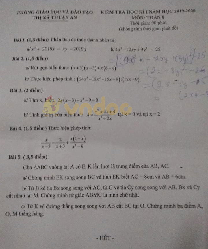 Đề thi học kì 1 lớp 8 môn Toán Phòng GD&ĐT Thuận An năm học 2019 - 2020