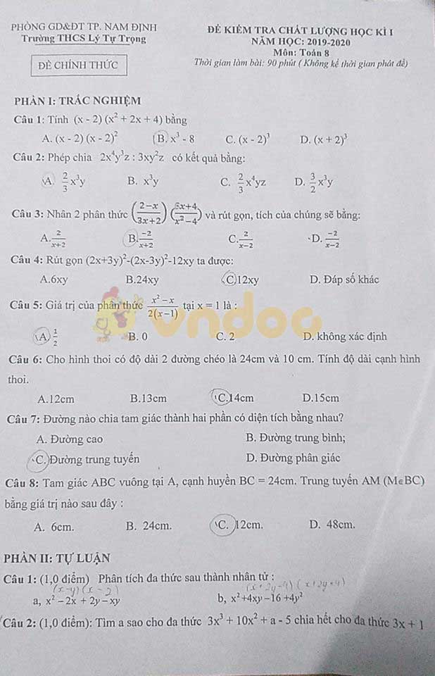 Đề thi học kì 1 lớp 8 môn Toán Trường THCS Lý Tự Trọng, Nam Định năm học 2019 - 2020