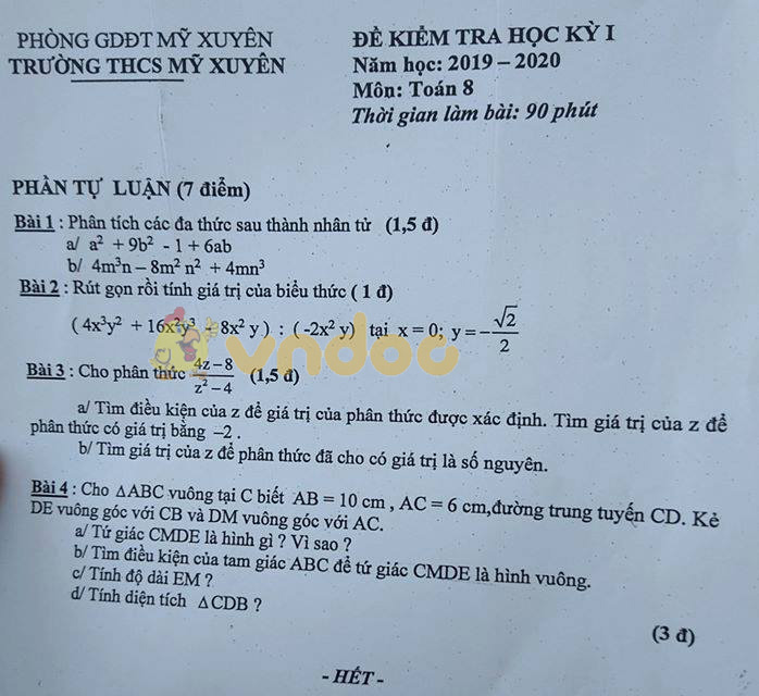 Đề thi học kì 1 lớp 8 môn Toán Trường THCS Mỹ Xuyên năm học 2019 - 2020