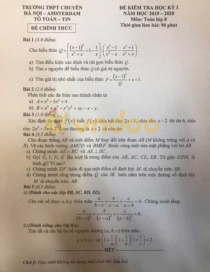 Đề thi học kì 1 lớp 8 môn Toán Trường THPT Chuyên Hà Nội - Amsterdam năm học 2019 - 2020