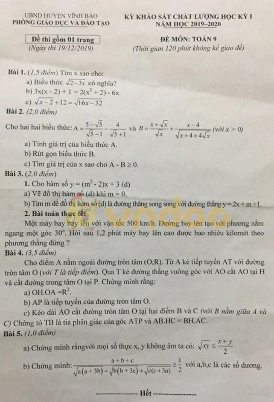 Đề thi học kì 1 lớp 9 môn Toán Phòng GD&ĐT huyện Vĩnh Bảo năm học 2019 - 2020