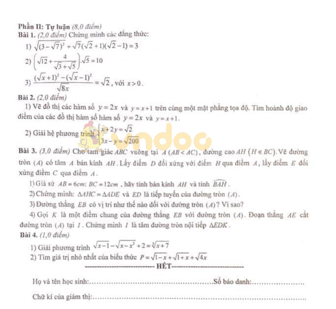 Đề thi học kì 1 lớp 9 môn Toán Sở GD&ĐT Nam Định năm học 2019 - 2020