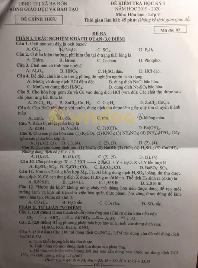 Đề thi học kì 1 lớp 9 môn Hoa học Phòng GD&ĐT thị xã Ba Đồn năm học 2019 - 2020