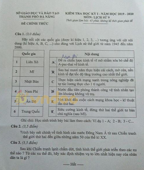 Đề thi học kì 1 lớp 9 môn Lịch sử Sở GD&ĐT thành phố Đà Nẵng năm học 2019 - 2020