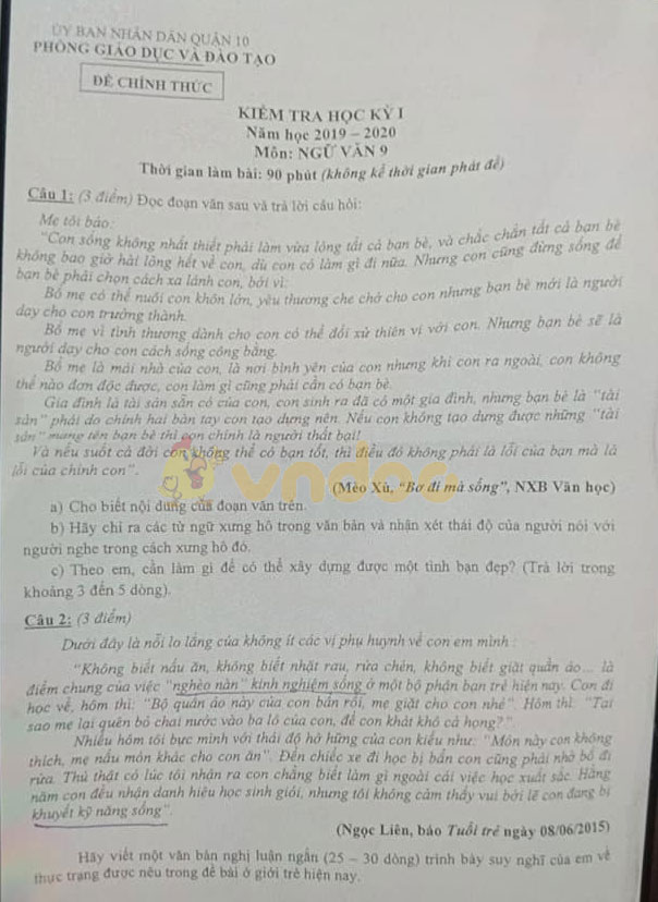 Đề thi học kì 1 lớp 9 môn Ngữ văn Phòng GD&ĐT Quận 10 năm học 2019 - 2020