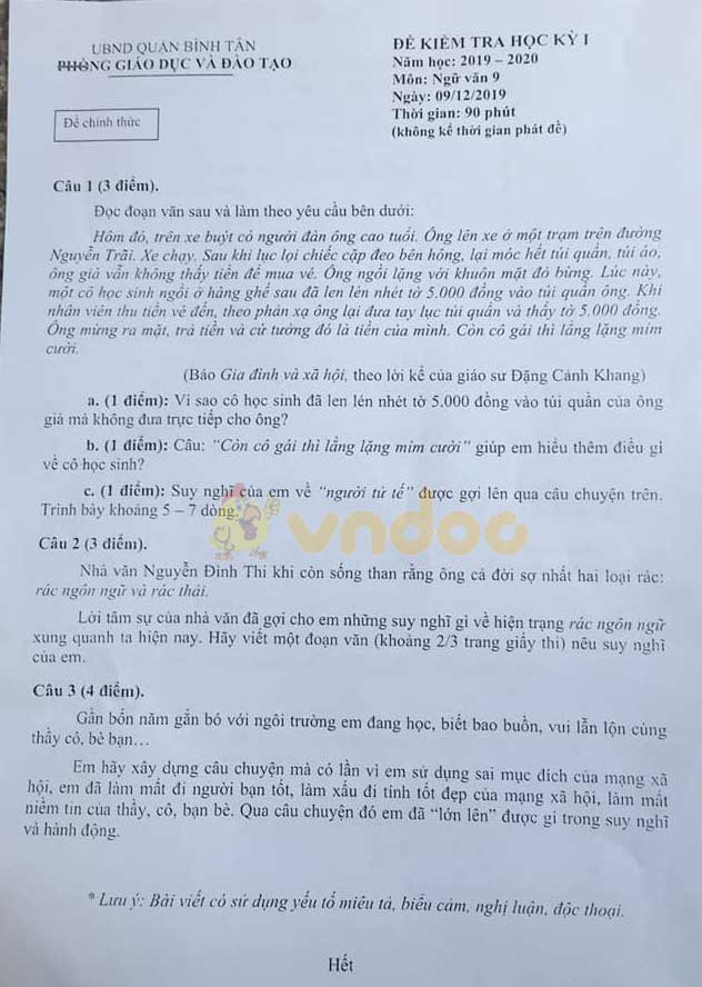 Đề thi học kì 1 lớp 9 môn Ngữ văn Phòng GD&ĐT quận Bình Tân năm học 2019 - 2020