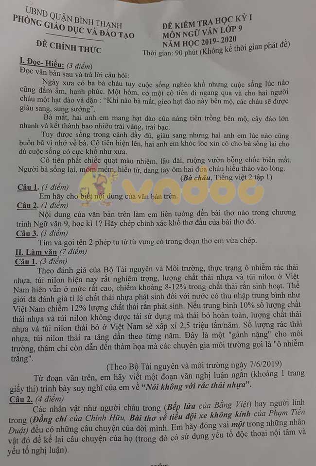Đề thi học kì 1 lớp 9 môn Ngữ văn Phòng GD&ĐT quận Bình Thạnh năm học 2019 - 2020