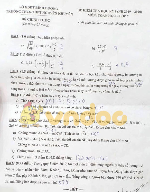 Đề kiểm tra học kì 1 môn Toán 7 năm 2019