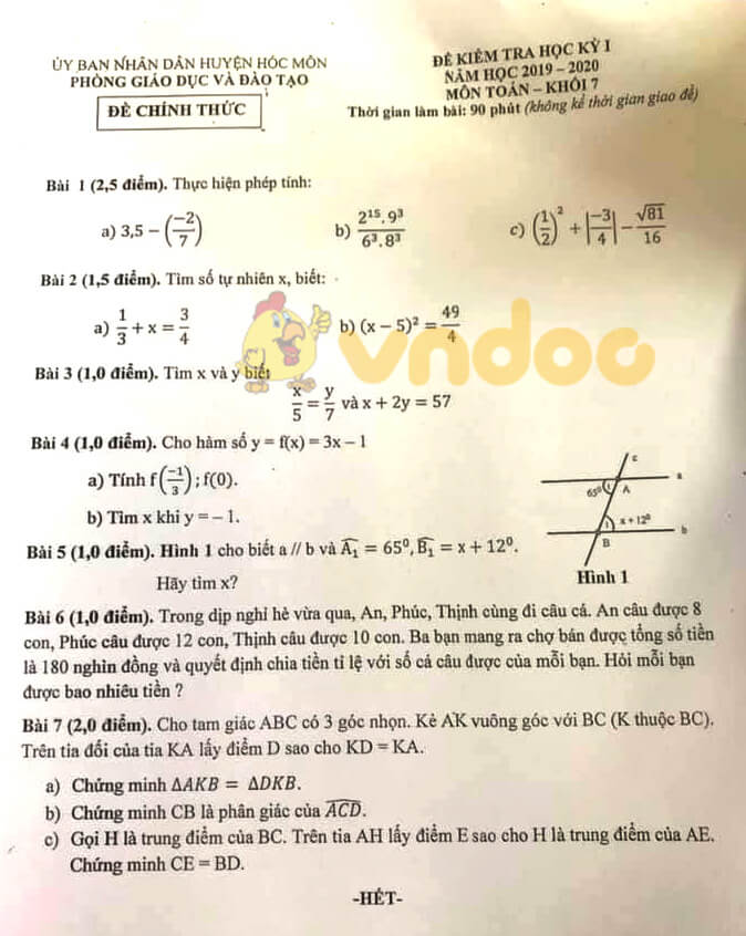 Đề kiểm tra học kì 1 môn Toán 7 năm 2019